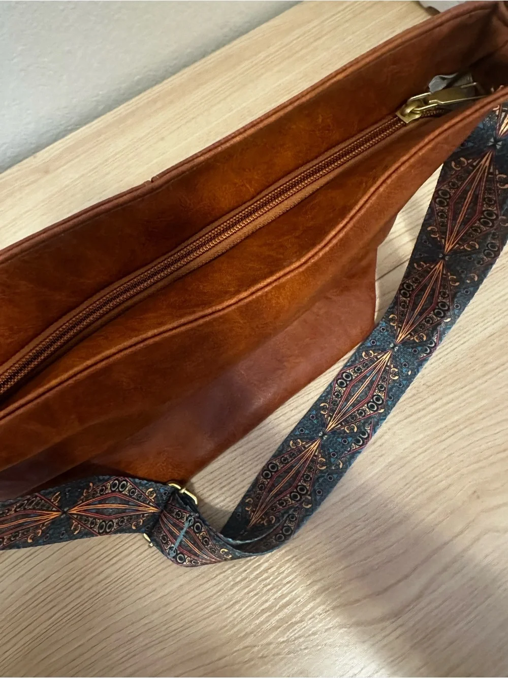 Women’s Brown Faux Leather Crossbody Bag with Patterned Strap